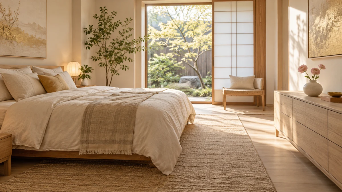 寝具から離れたチェストに、小さな花瓶を置いた寝室のイメージ