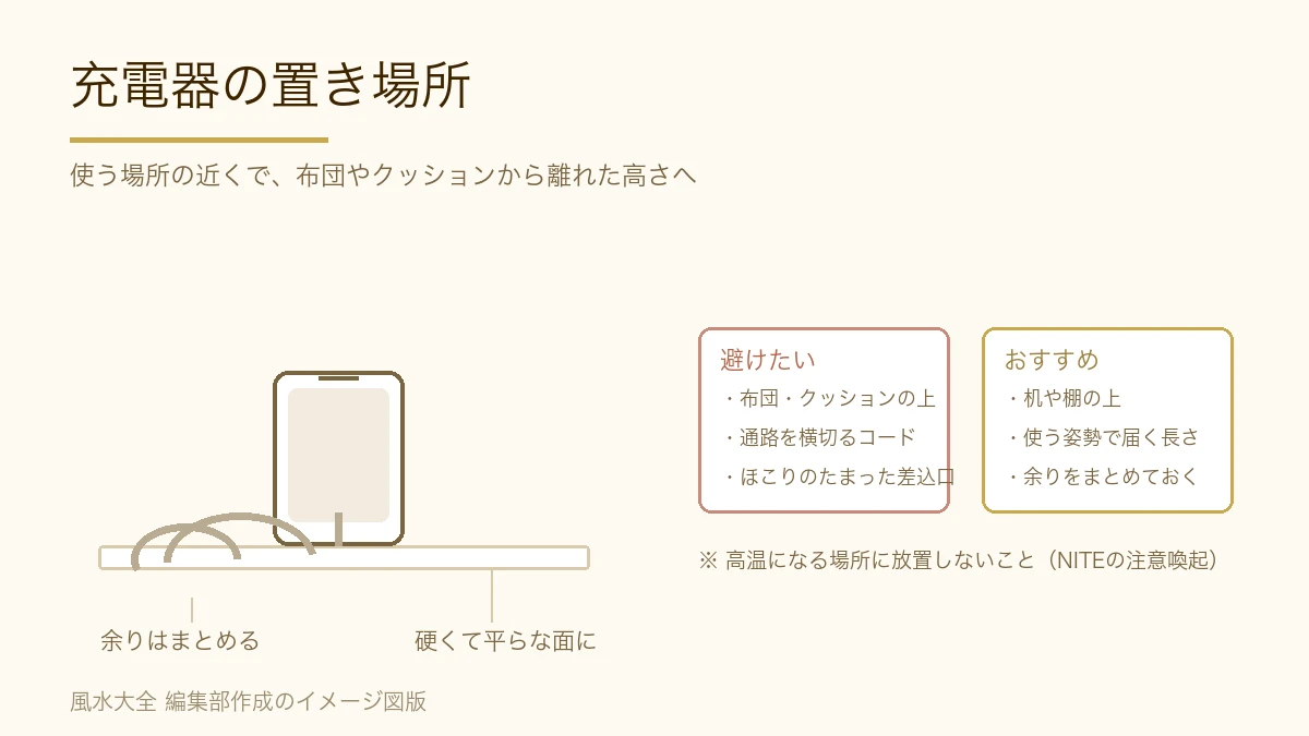 机の上で充電しているスマートフォンと、まとめたケーブルのイメージ