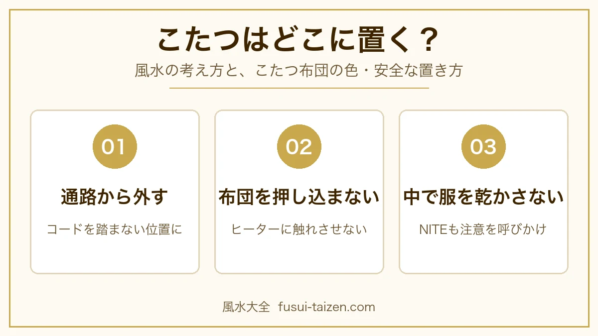 こたつの置き場所の3つの目安。通路から外す、布団を押し込まない、中で服を乾かさない