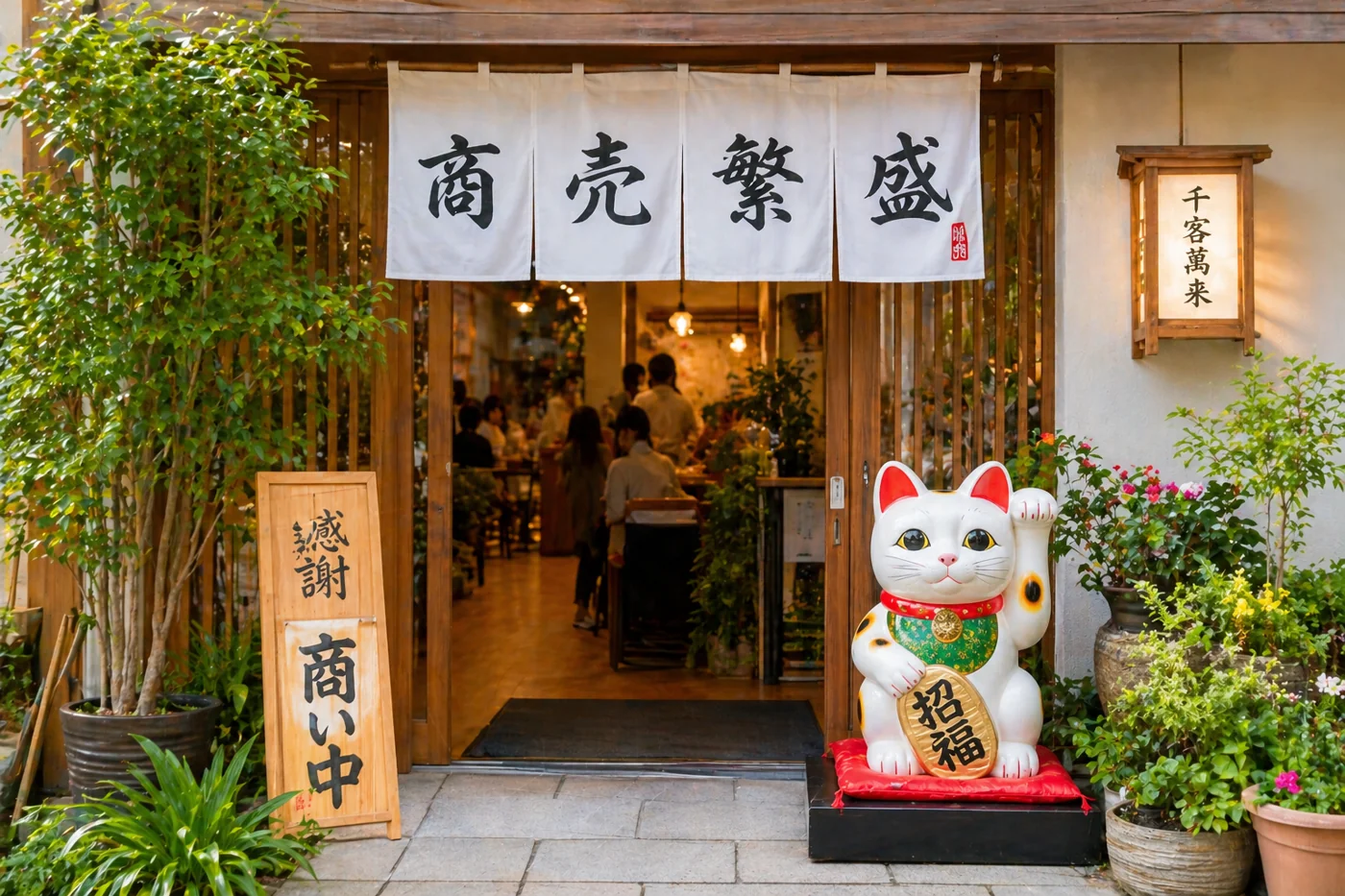 お店の入り口におすすめの開運アイテム 招き猫 パキラ 風水