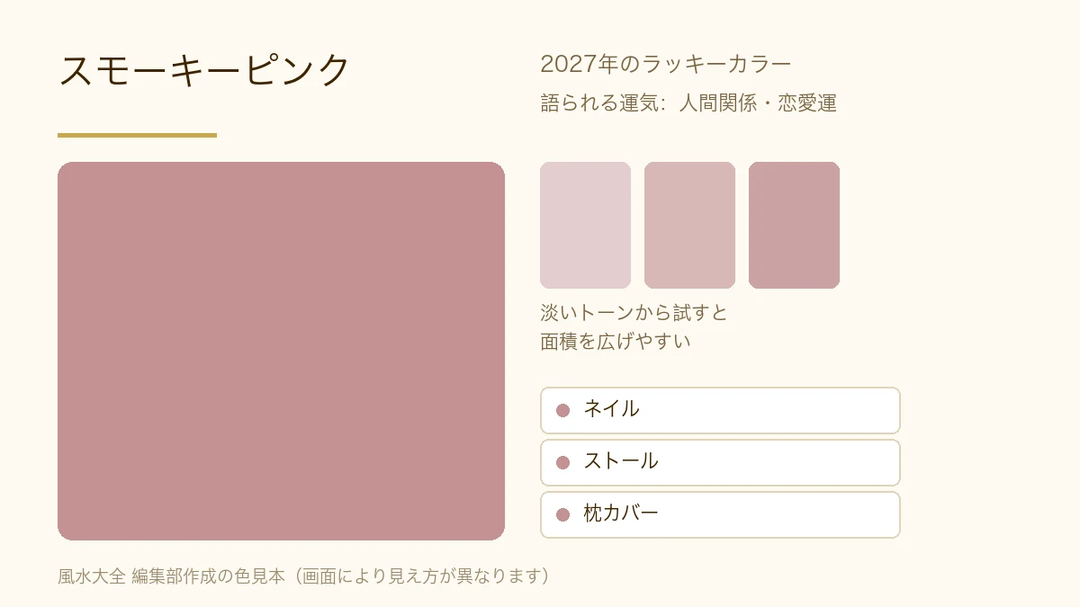 スモーキーピンクの色見本と、取り入れやすいものの例