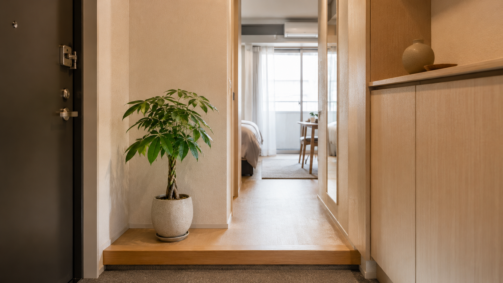 ワンルーム マンションの狭い玄関に置いた観葉植物 パキラ 和モダン