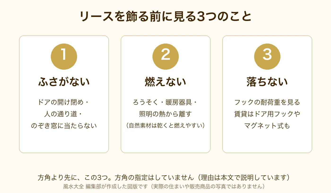 リースを飾る前に見る3つのこと。1 ふさがない:ドアの開け閉め、人の通り道、のぞき窓に当たらない。2 燃えない:ろうそく、暖房器具、照明の熱から離す。3 落ちない:フックの耐荷重を見る。賃貸はドア用フックやマグネット式も