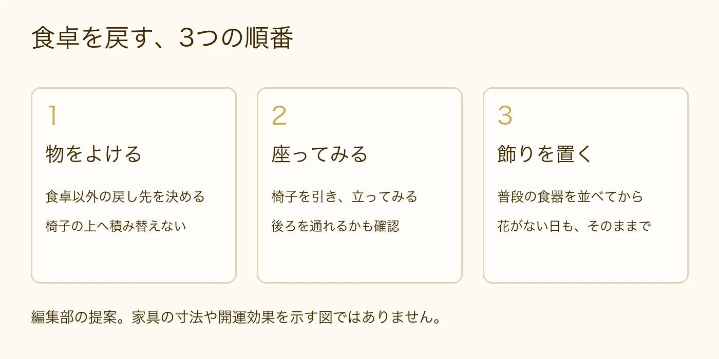 物をよけて戻し先を決める、座って動きを確かめる、食器の後に飾りを置く順番