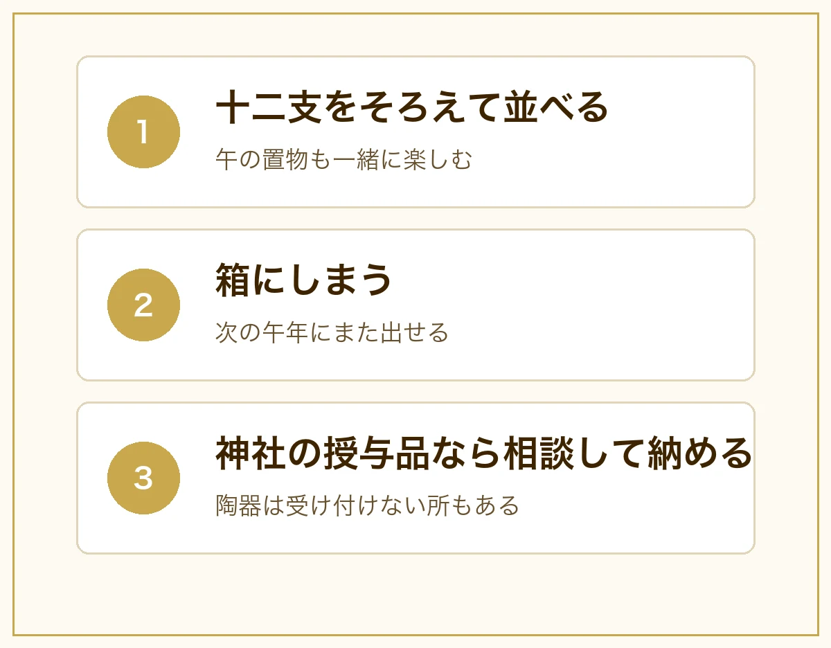 前の年の干支の置物の3つの選び方。十二支をそろえて並べる、箱にしまう、神社の授与品なら相談して納める