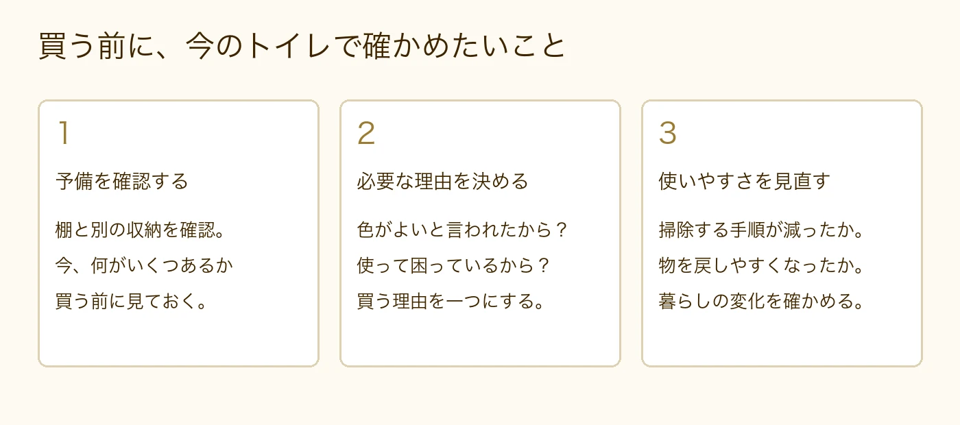 買う前に予備を確認し、必要な理由を一つ決め、あとで使いやすさを見直す