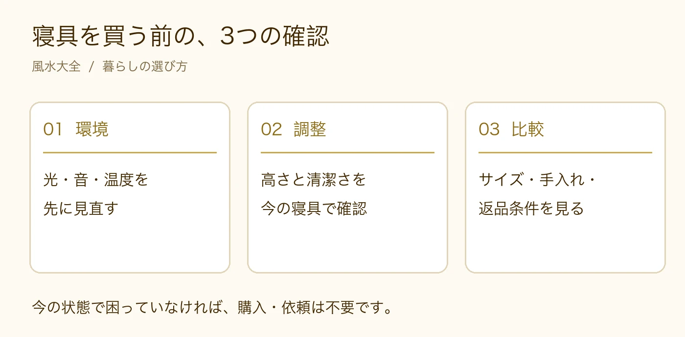 寝具を買う前に、環境、調整、比較の順で確認する