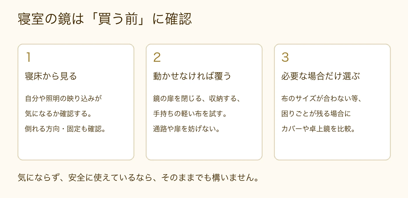 寝室の鏡を見直す順番。寝床から確認、動かせなければ覆う、必要な場合だけ道具を選ぶ。