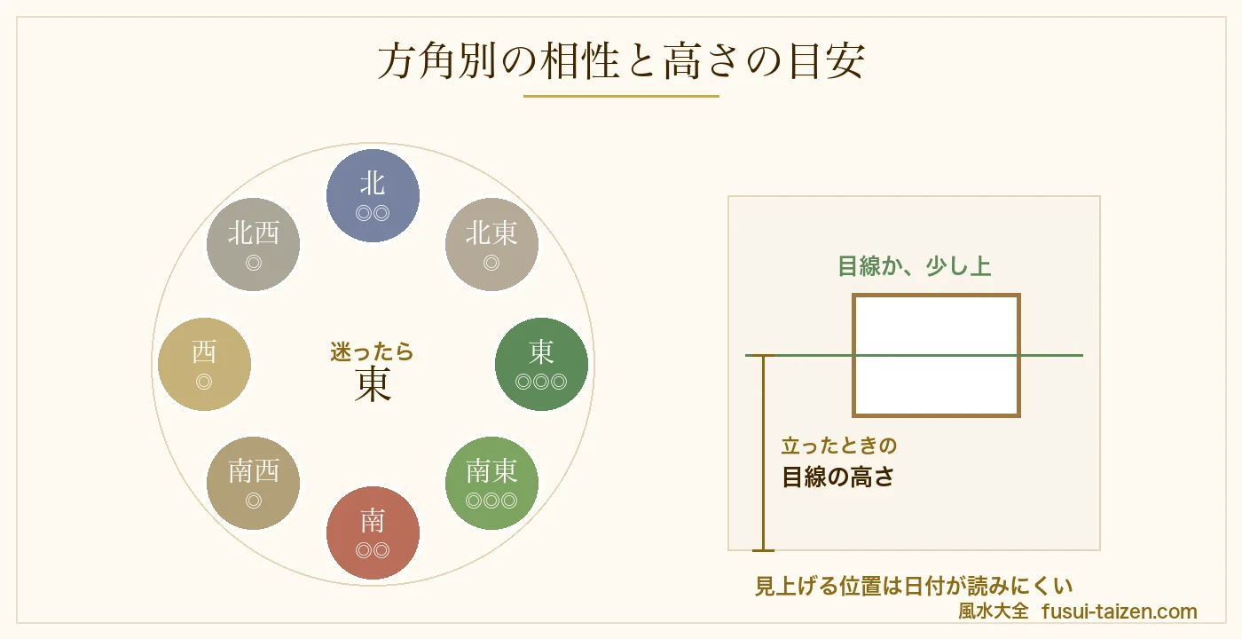 カレンダーを貼る場所の早見図(向く場所と避けたい場所)