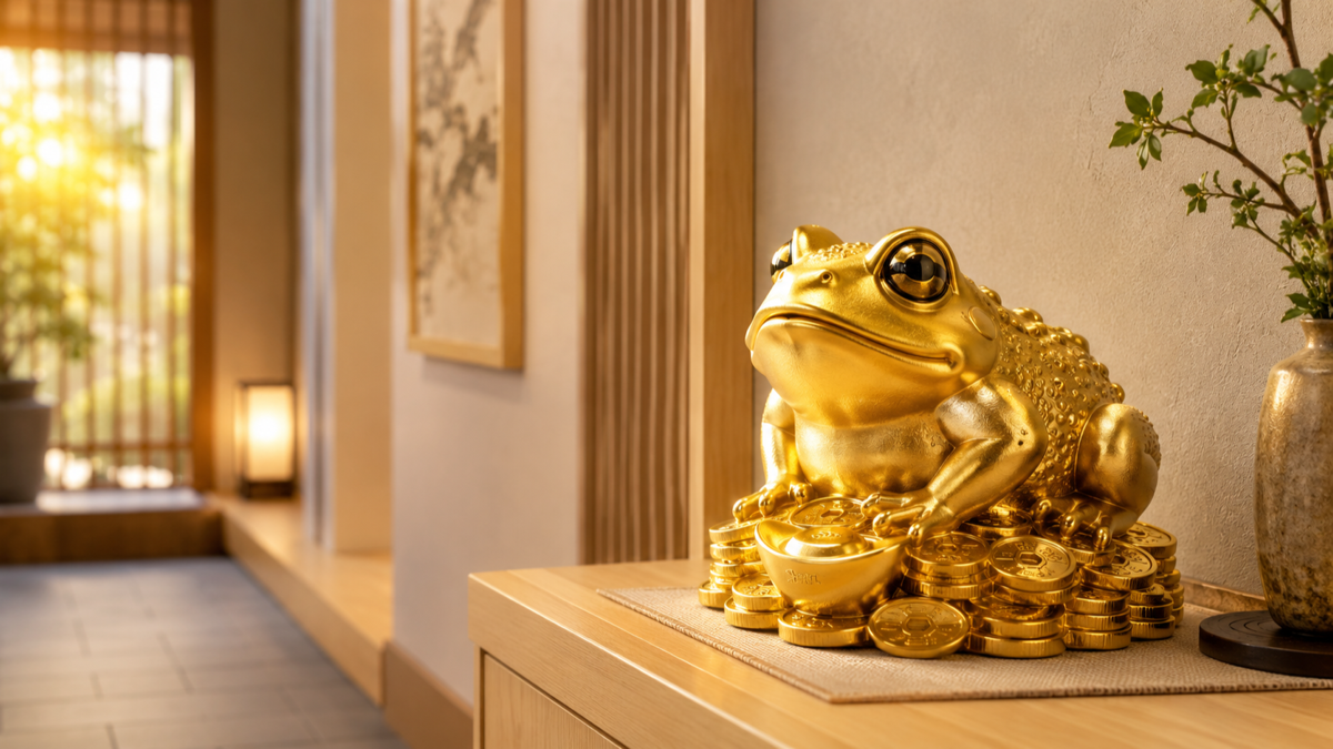 玄関に飾られた金色のカエルの置物のイメージ