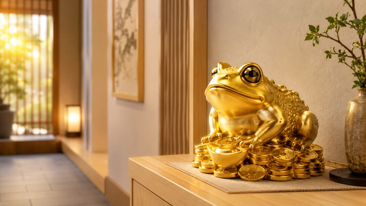 玄関に飾られた金色のカエルの置物のイメージ