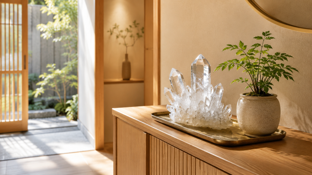 玄関の下駄箱の上に置かれた水晶と小さな観葉植物