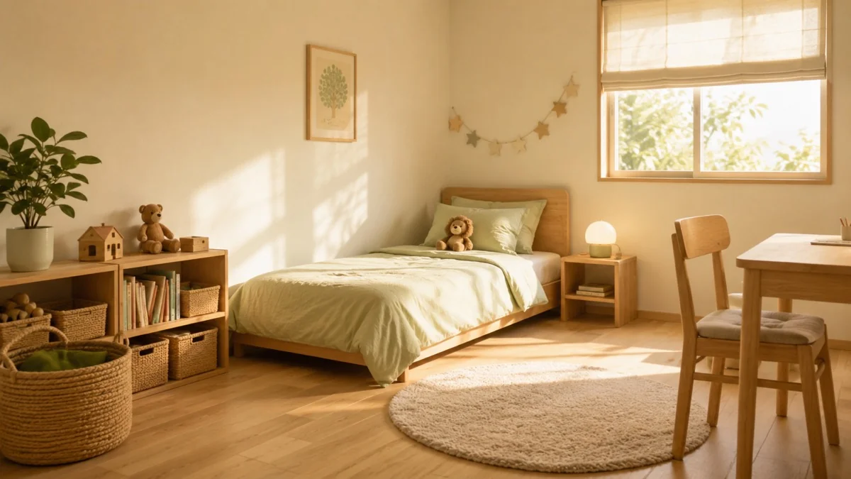 朝日が入る明るい子供部屋に置かれた勉強机とベッドのイメージ