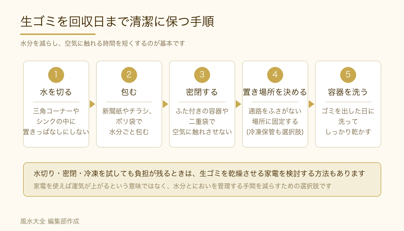 生ゴミを回収日まで清潔に保つ手順。水を切る、包む、密閉する、置き場所を決める、容器を洗うの5ステップ