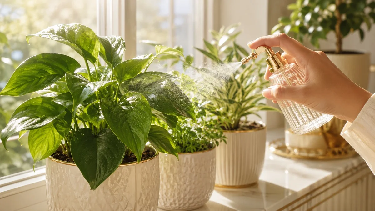 朝の光の中でジョウロで観葉植物に水やりをするイメージ