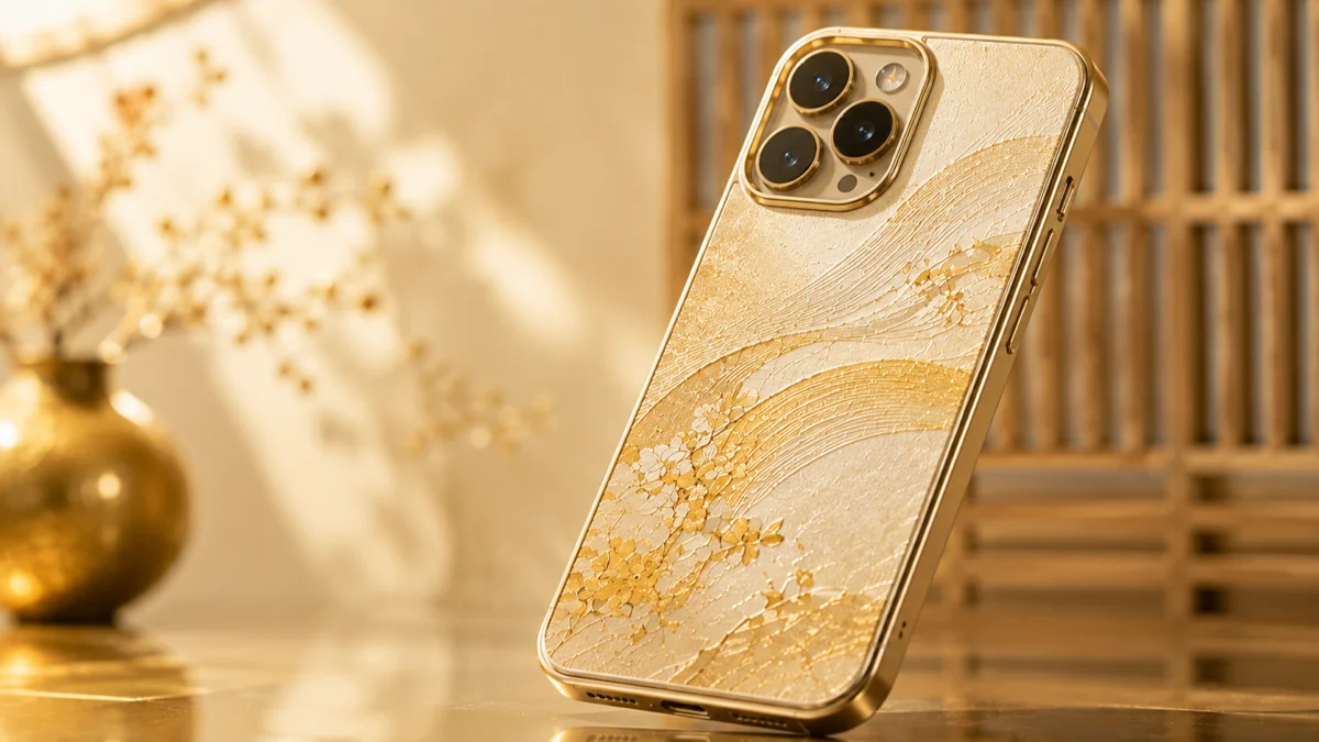 ゴールドとベージュの上品なスマホケースのイメージ