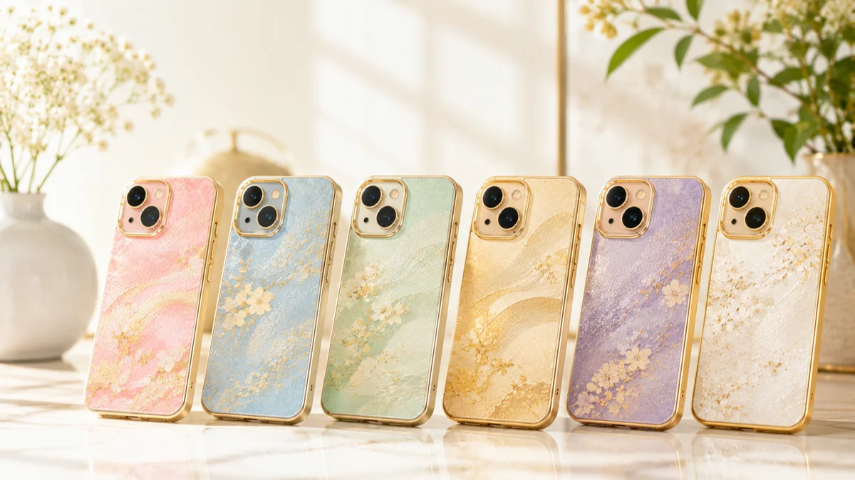 ピンク・ブルー・グリーンなど運気別のスマホケースが並ぶイメージ