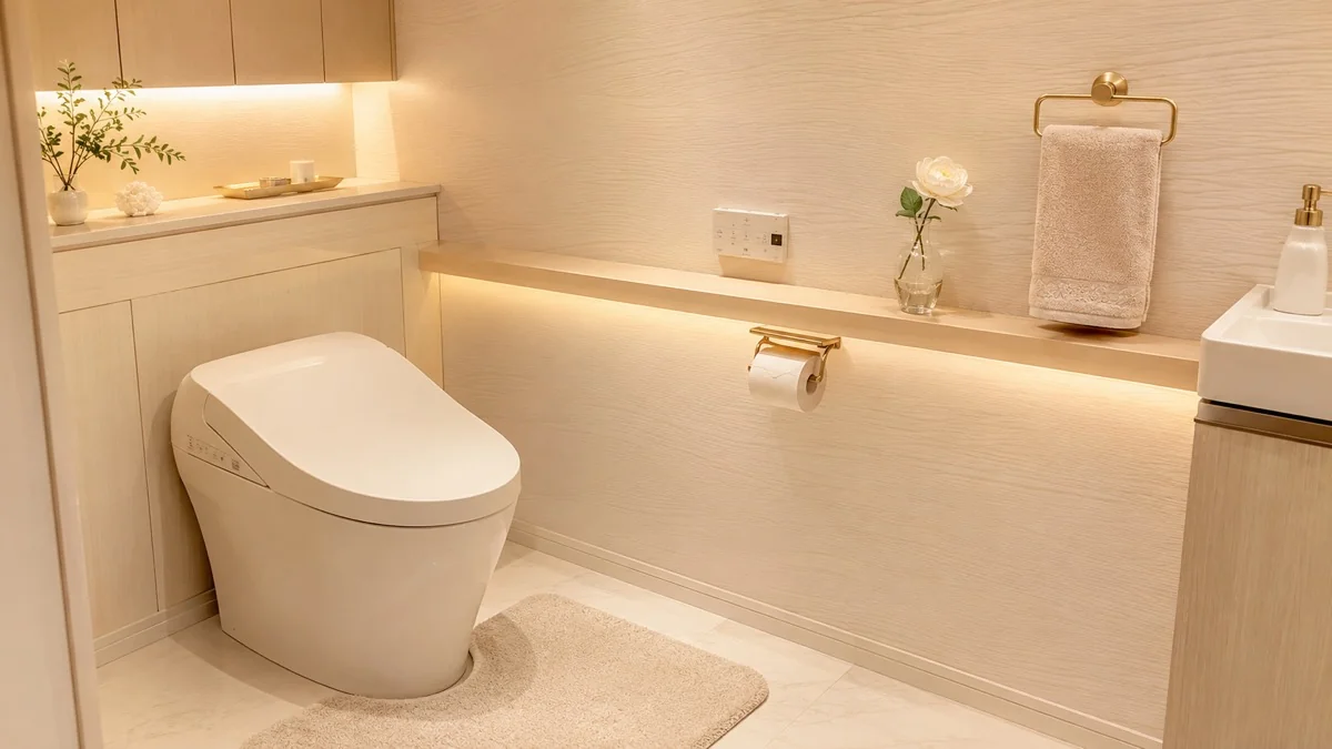 淡いグリーンのマットで整えた清潔なトイレのイメージ