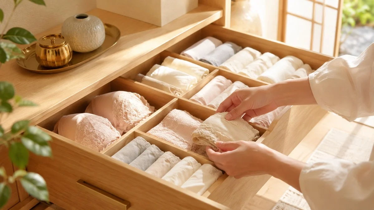 淡い色の下着をきれいに整理した引き出しのイメージ