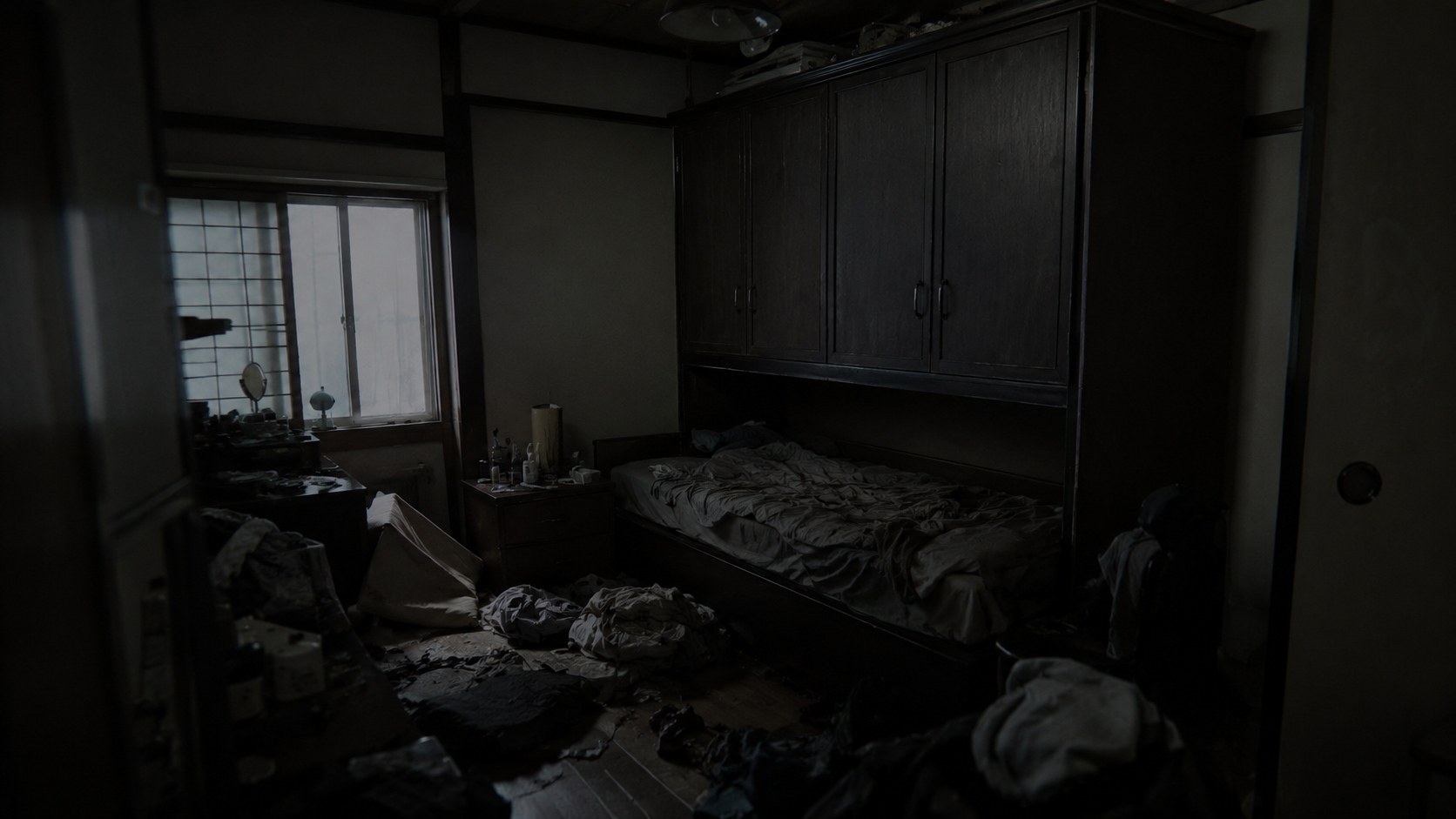 散らかって暗い寝室のNG例 圧迫感のある家具